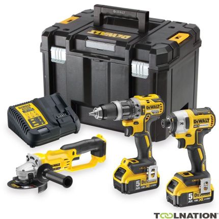 DeWalt DCK383P2T-QW Juego combinado 18V 5.0Ah Li-Ion - Taladro sin cable DCD796 + Llave de impacto DCF887 + Amoladora angular DCG412 - 1